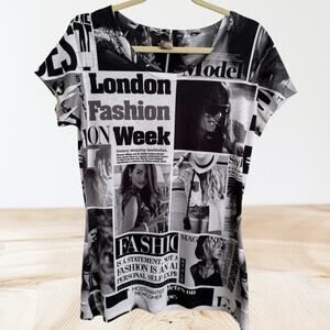 London Fashion Week Graphic Print Tunic Tee Shirt Sz XL Womens Black & White